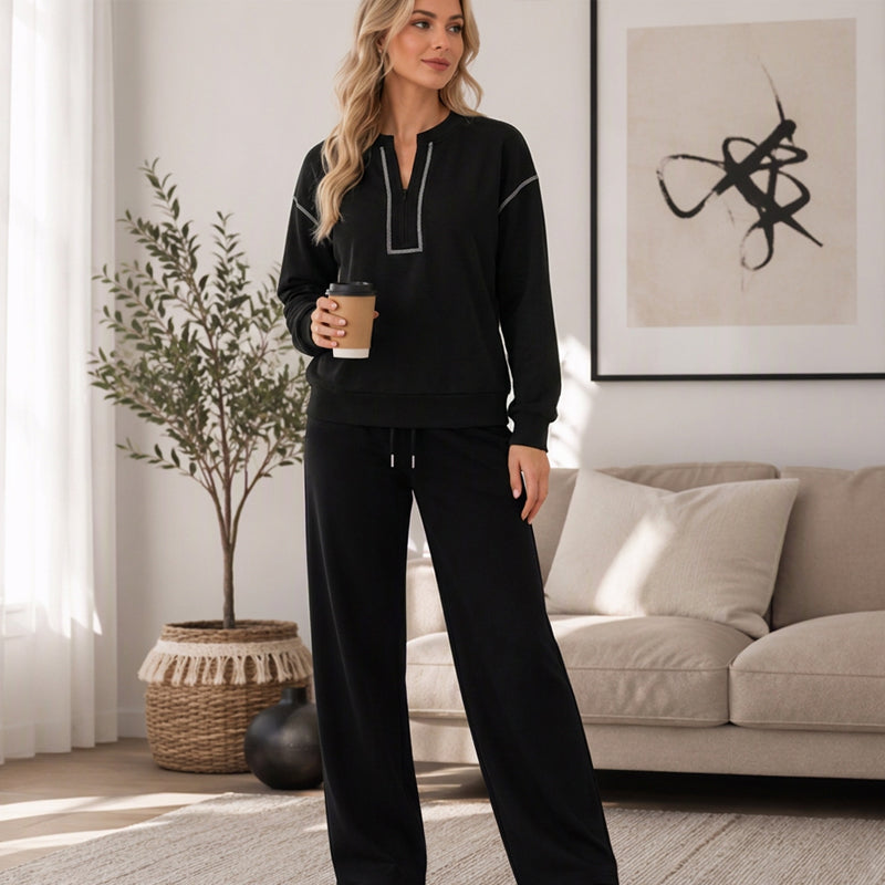 🚀Bespaar nu tijd & geld!😍Elegante Tweedelige Dames Lounge Set met Halve Rits en Wijde Pantalon