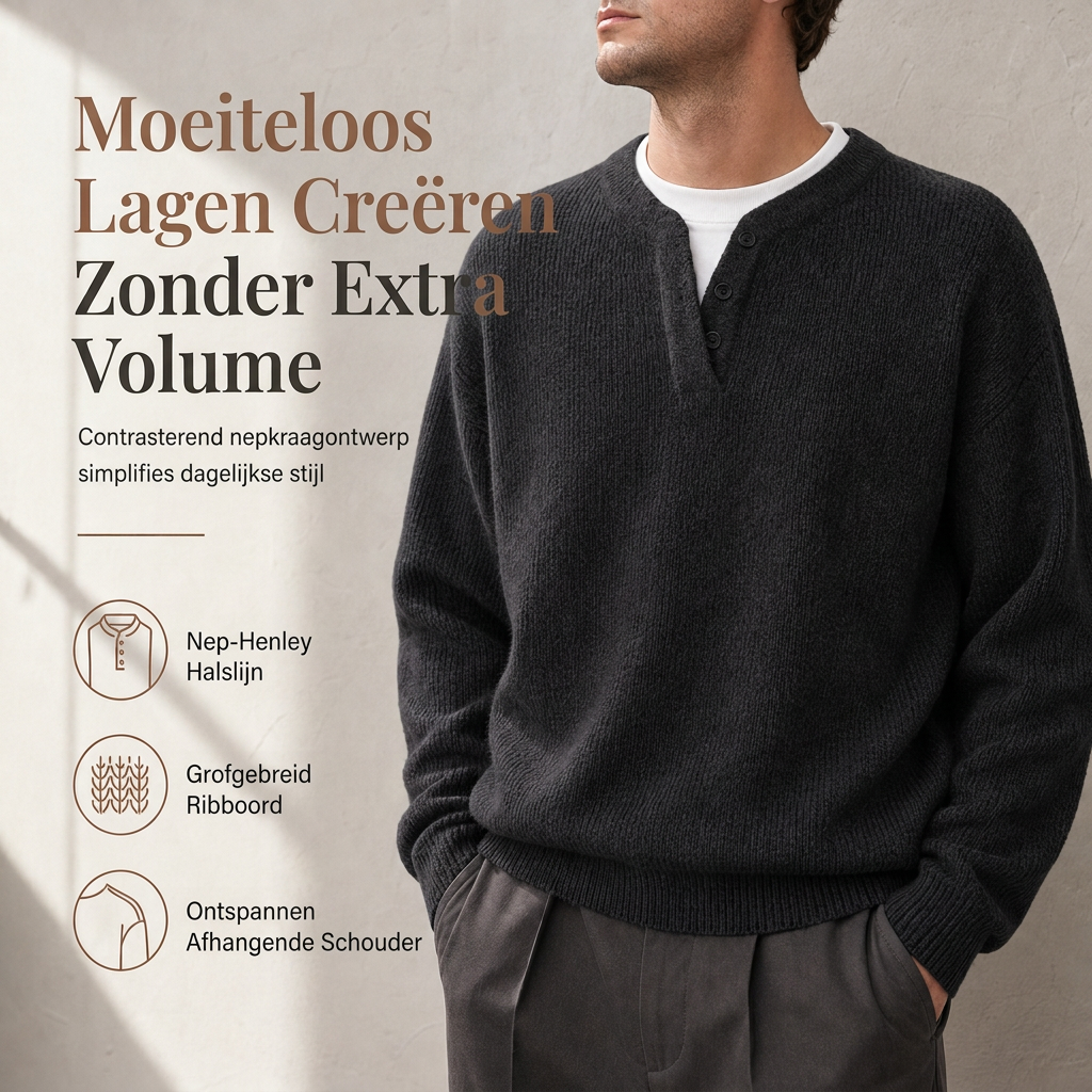 🔥Populair product ！✨Herens Retro Henley Hals Mock Two Piece Trui Relaxed Fit Lange Mouw Knit Pullover voor Herfst en Winter